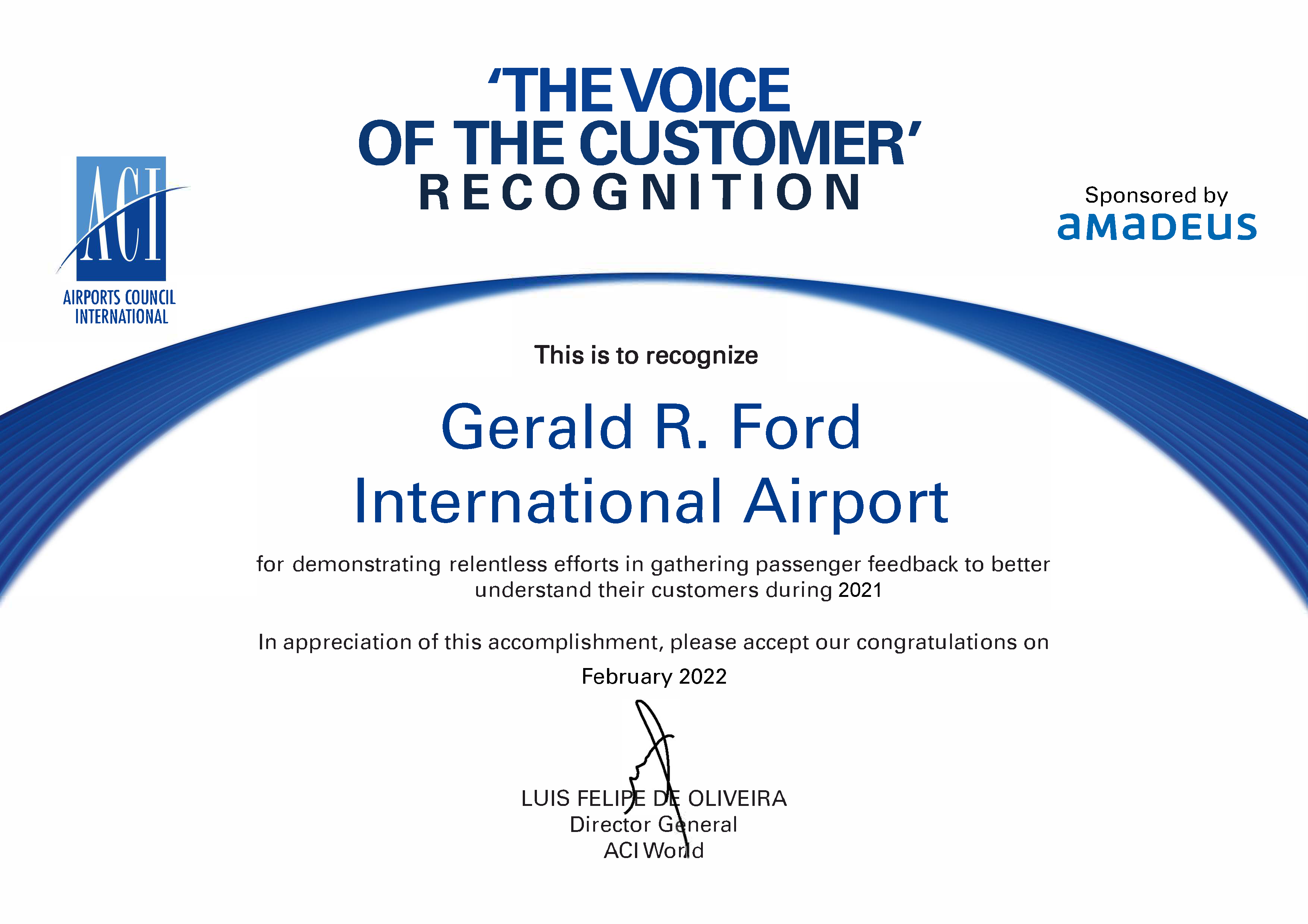 Ford International Airport Recognized for ACI World's 'Voice of the Customer' Initiative