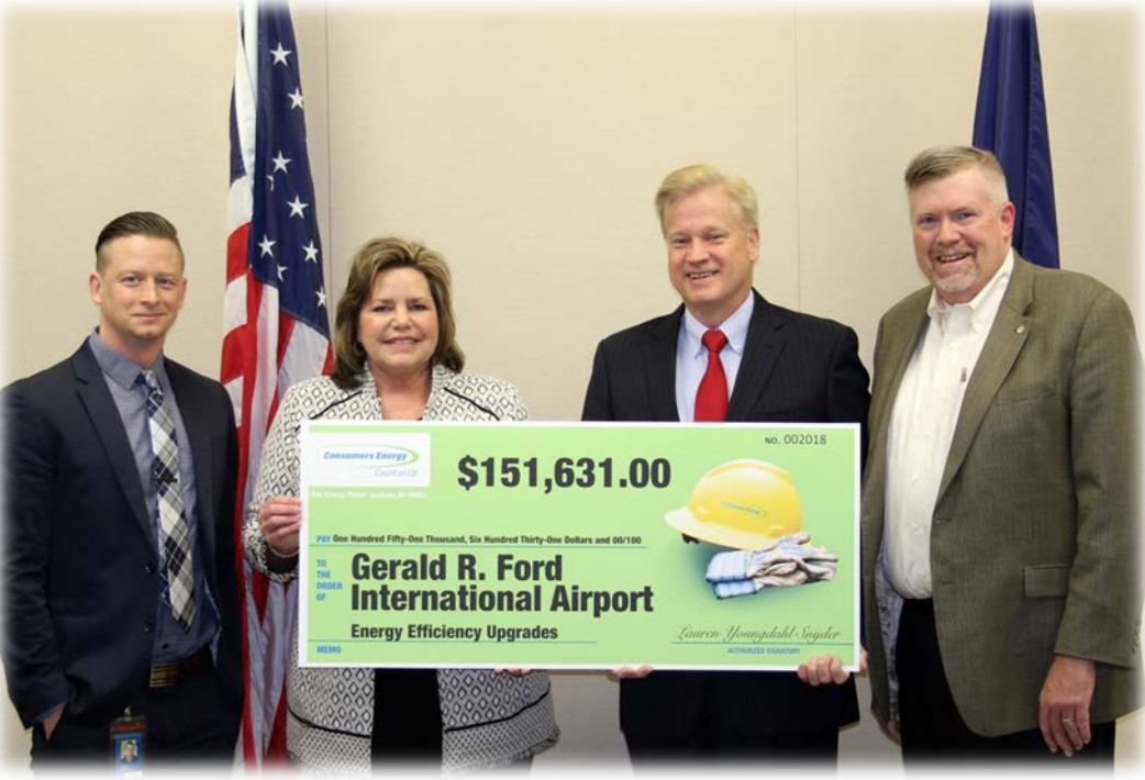 Consumers Energy Presents Energy Efficiency Incentive Check to Gerald R. Ford International Airport