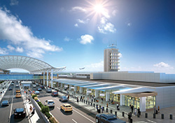Architectural rendering of an airport terminal entrance with vehicles and pedestrians