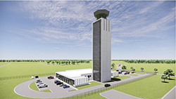 Color architectural rendering of an air traffic control tower with landscaping