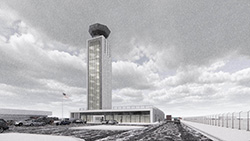 Black-and-white architectural rendering of an air traffic control tower